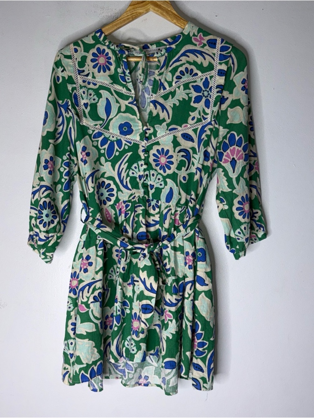 Zara Green Floral Print Belted Mini Fit Flare Linen‎ Blend Dress Lace Detail M